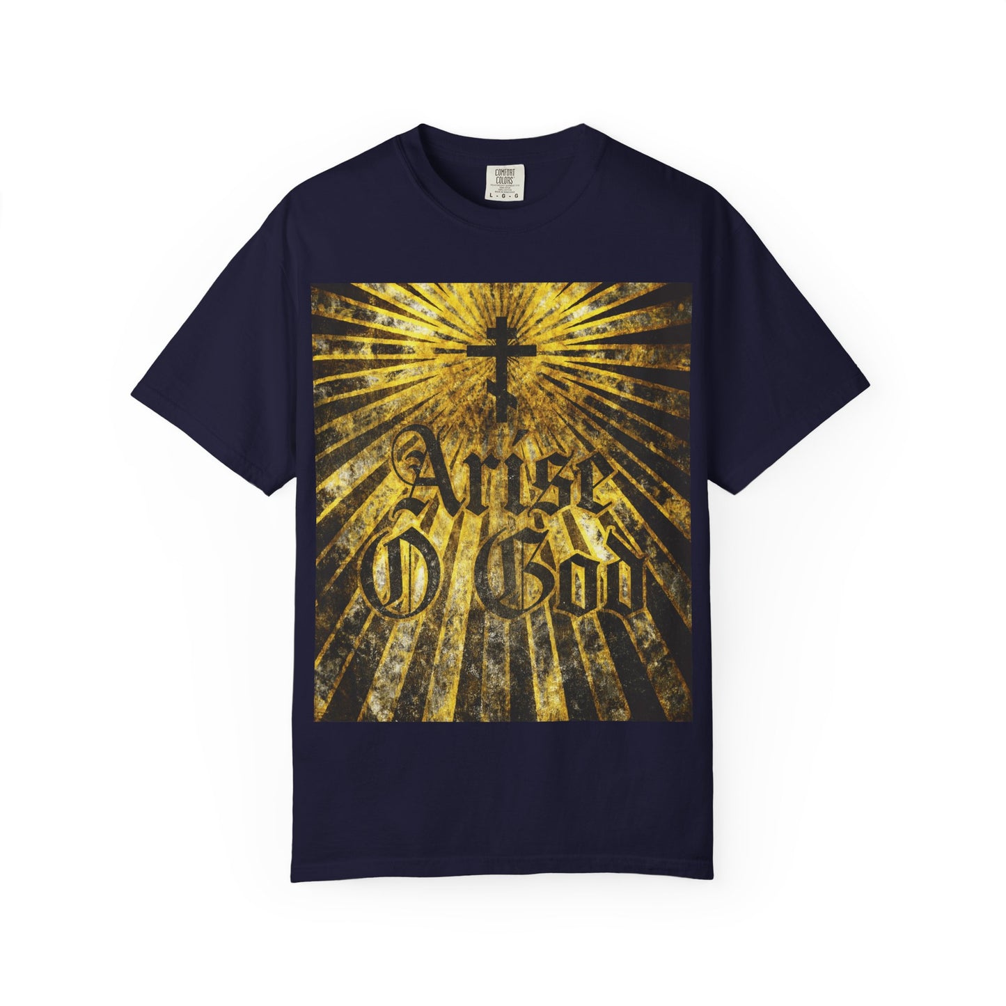 Arise O God | Psalm 81 (82 LXX) | Textured Gothic Font w/ Orthodox Cross & Golden Rays | Divine Council | Heavyweight Cotton Unisex T-Shirt