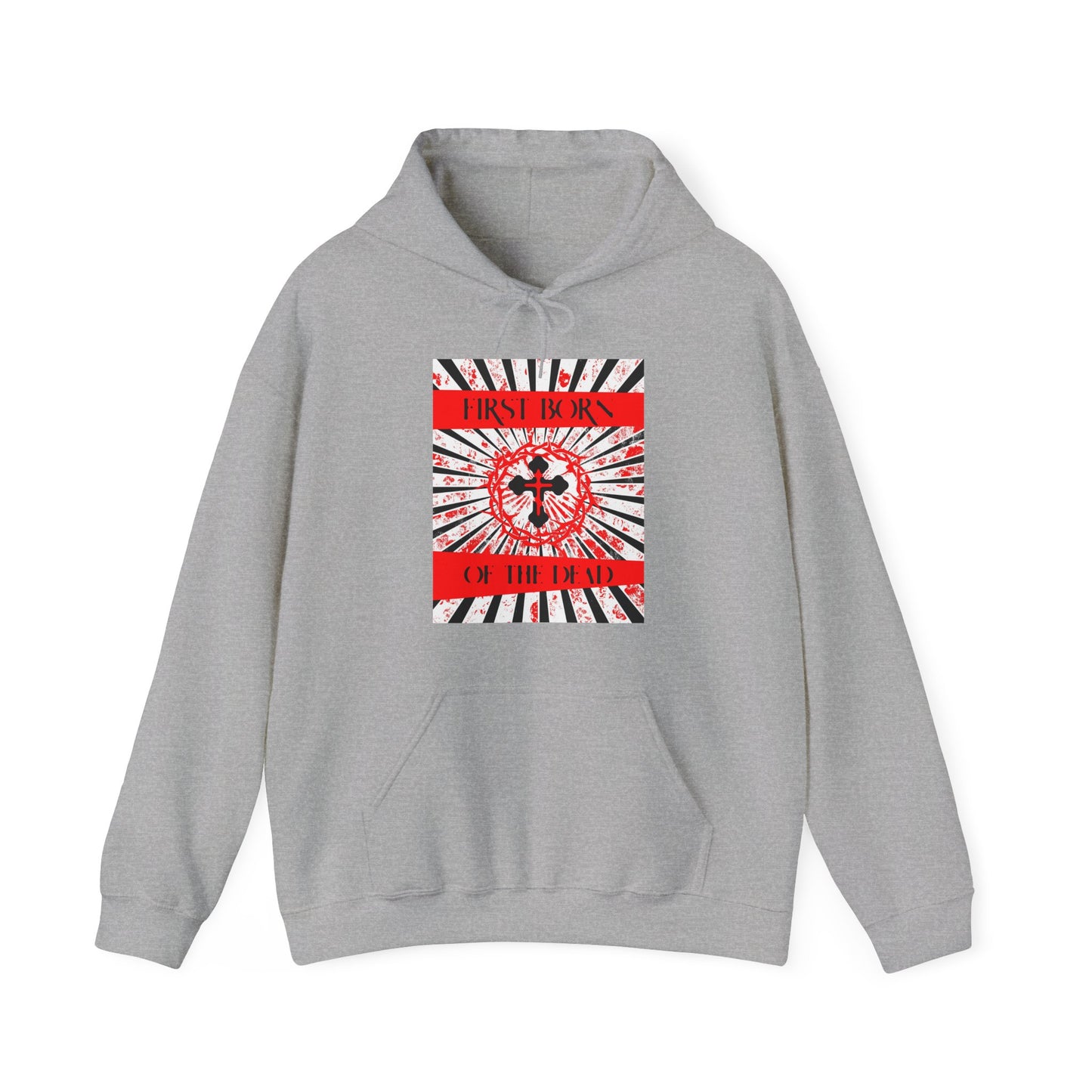 First Born of the Dead | Orthodox Cross and Crown of Thorns | Red White and Black Textured Design with Rays | Orthodox Christian Hoodie / Hooded Sweatshirt