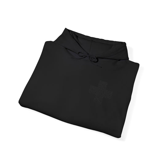 Black on Black Embroidered Minimalist Black Cross Christian Unisex Hoodie in black, featuring a subtle simple cross design inspired by the Wednesday Matins Canon, displayed on a white background.