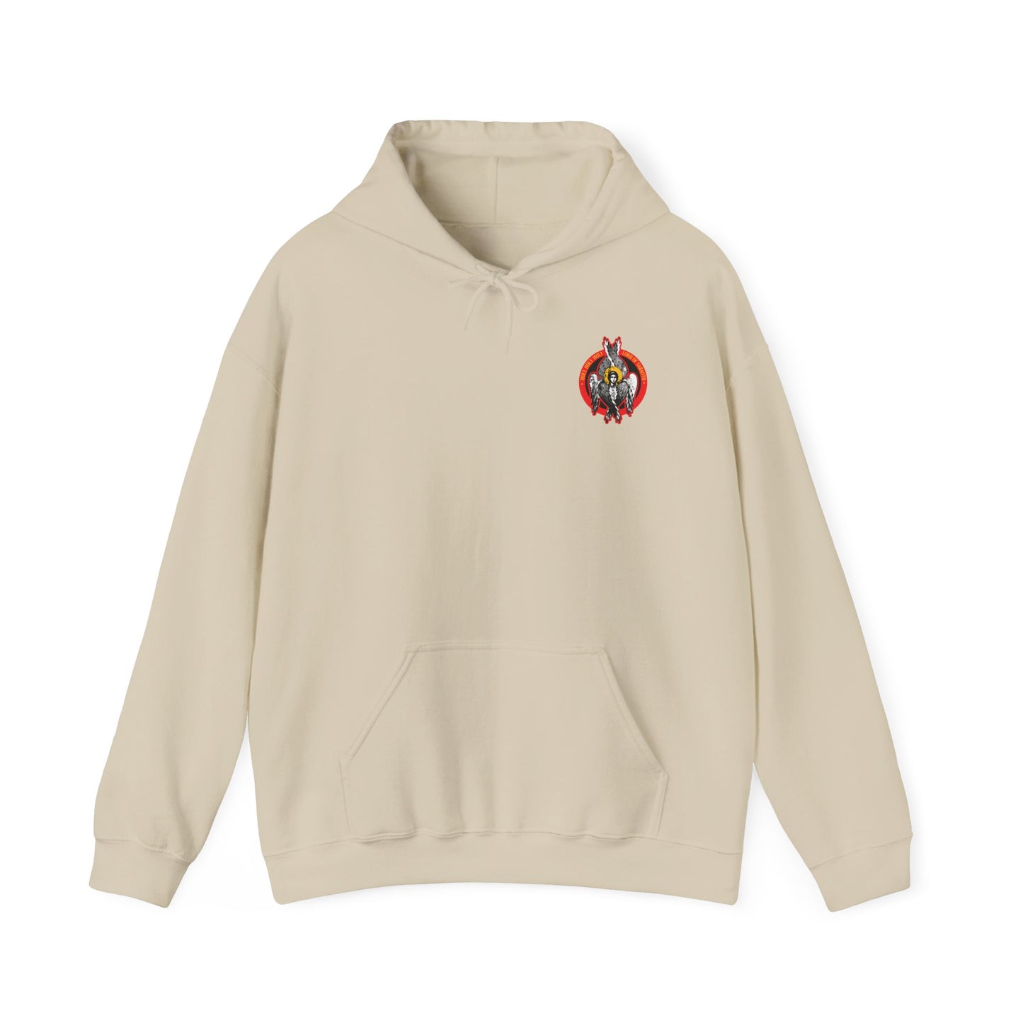 Sand-colored hoodie featuring a small, colorful seraphim angel graphic on the left chest, front kangaroo pocket, and titled “Holy Holy Holy Seraphim Angel Icono-Graphic” — inspired by Orthodox Christian themes.