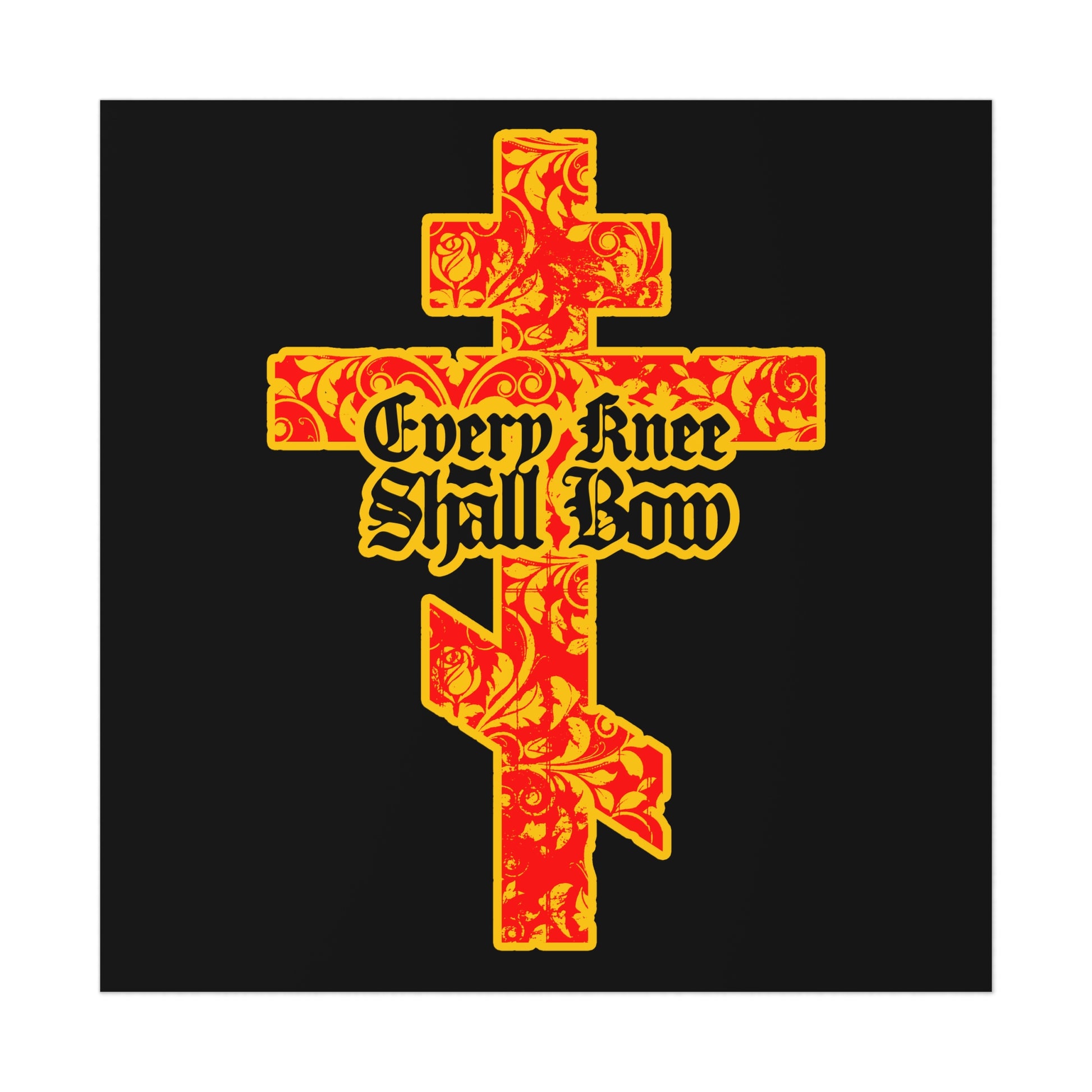 The "Every Knee Shall Bow" Christian Art Poster features a gold and red floral Orthodox cross with gothic lettering on a black background, inspired by Isaiah 45:22-24 and Philippians 2:7-11.
