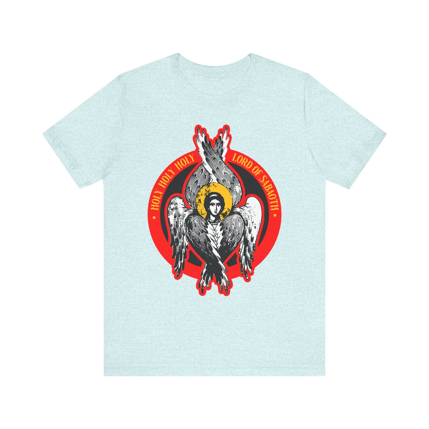 Heather Prism Ice Blue unisex tee with a seraphim iconographic design and red "HOLY HOLY HOLY LORD OF SABAOTH" text, inspired by Isaiah 6 and the Lord of Hosts. Lightweight cotton.