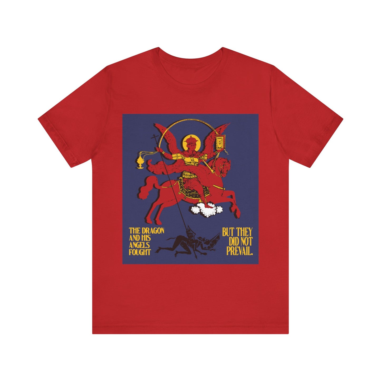 Archangel Michael of the Apocalypse IconoGraphic (Revelation 12:7-8) | Red Angel and Horse on Blue Background | Orthodox Christian T-Shirt