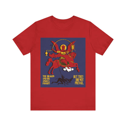 Archangel Michael of the Apocalypse IconoGraphic (Revelation 12:7-8) | Red Angel and Horse on Blue Background | Orthodox Christian T-Shirt