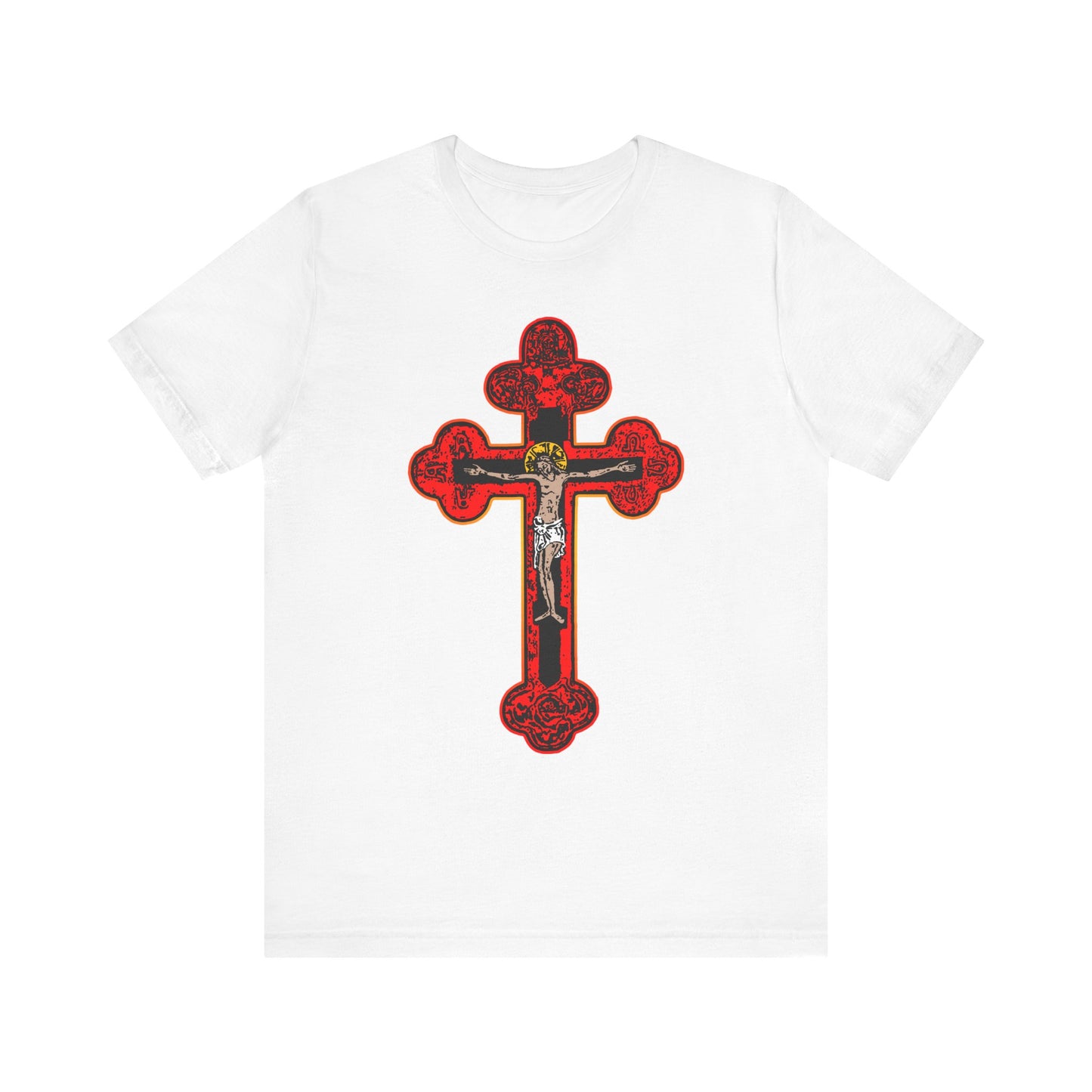 White "Red Orthodox Christian Crucifix | Byzantine Golgotha Cross | Alpha & Omega | I Am Crucified With Christ" T-shirt featuring a large ornate red and black cross with a crucifix design inspired by Isaiah 53:3-5, made from lightweight cotton in a unisex fit to express faith in the Son of God.