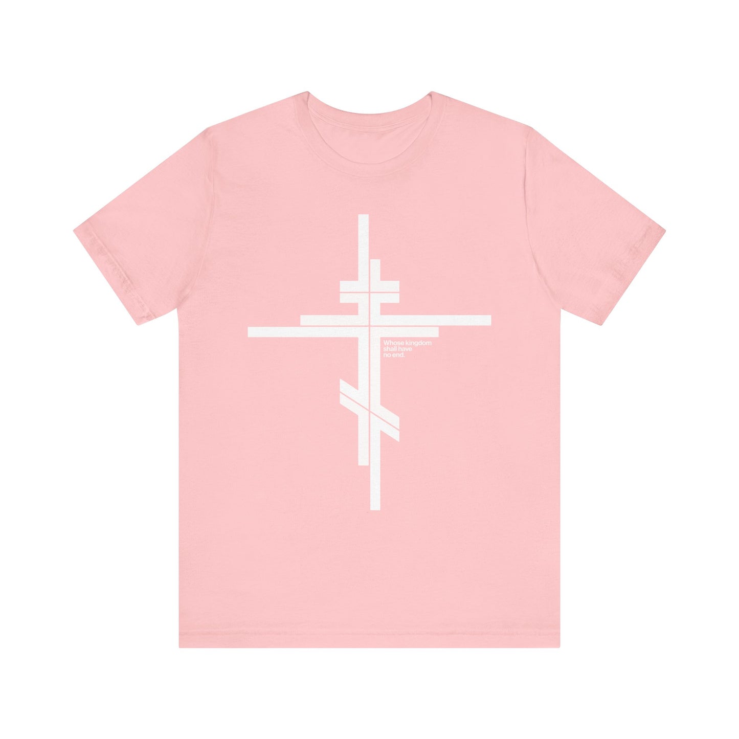 Light pink unisex t-shirt featuring a bold white Orthodox cross and minimalist logo inspired by Luke 1:32–33, with small chest text reflecting the message, “Whose Kingdom Shall Have No End.”.