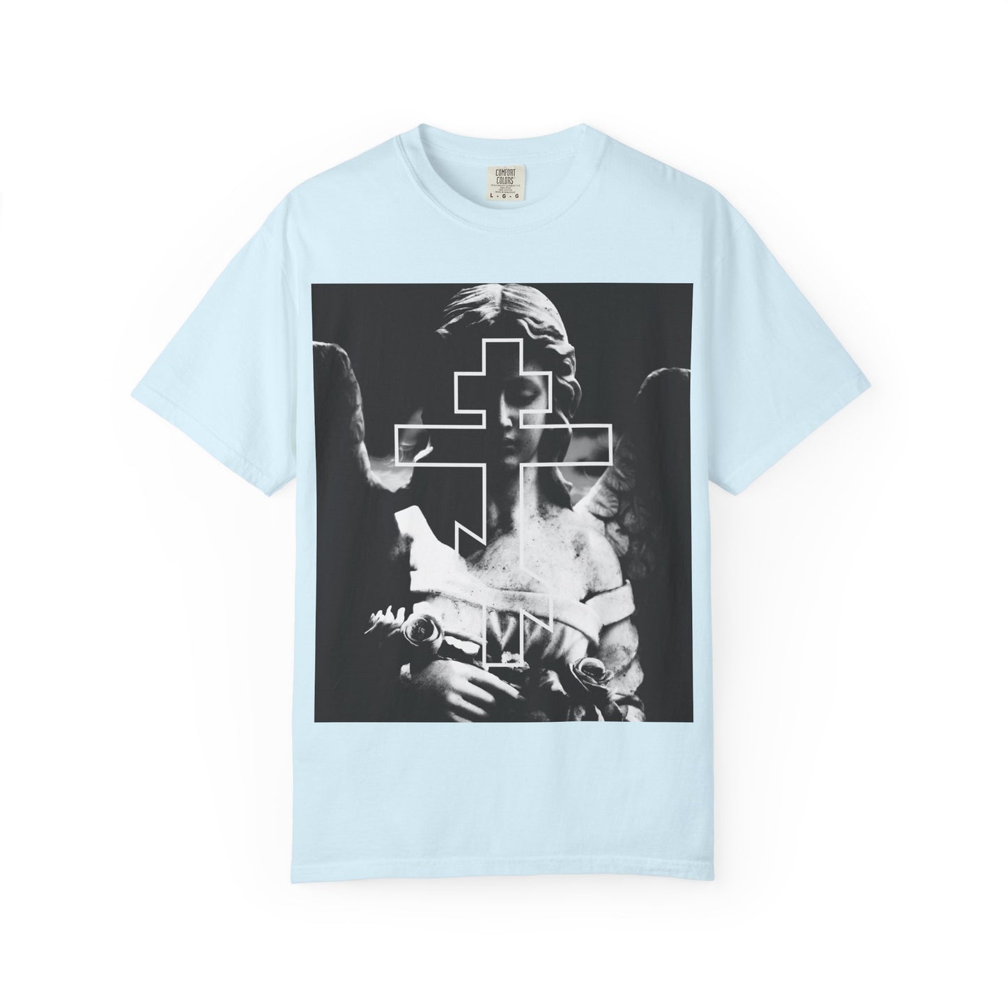 Chambray heavyweight cotton tee displaying a grayscale "Cemetery Angel Orthodox Cross" graphic with a bold cross design—ideal for those seeking goth aesthetic and Memento Mori inspiration. Unisex fit.