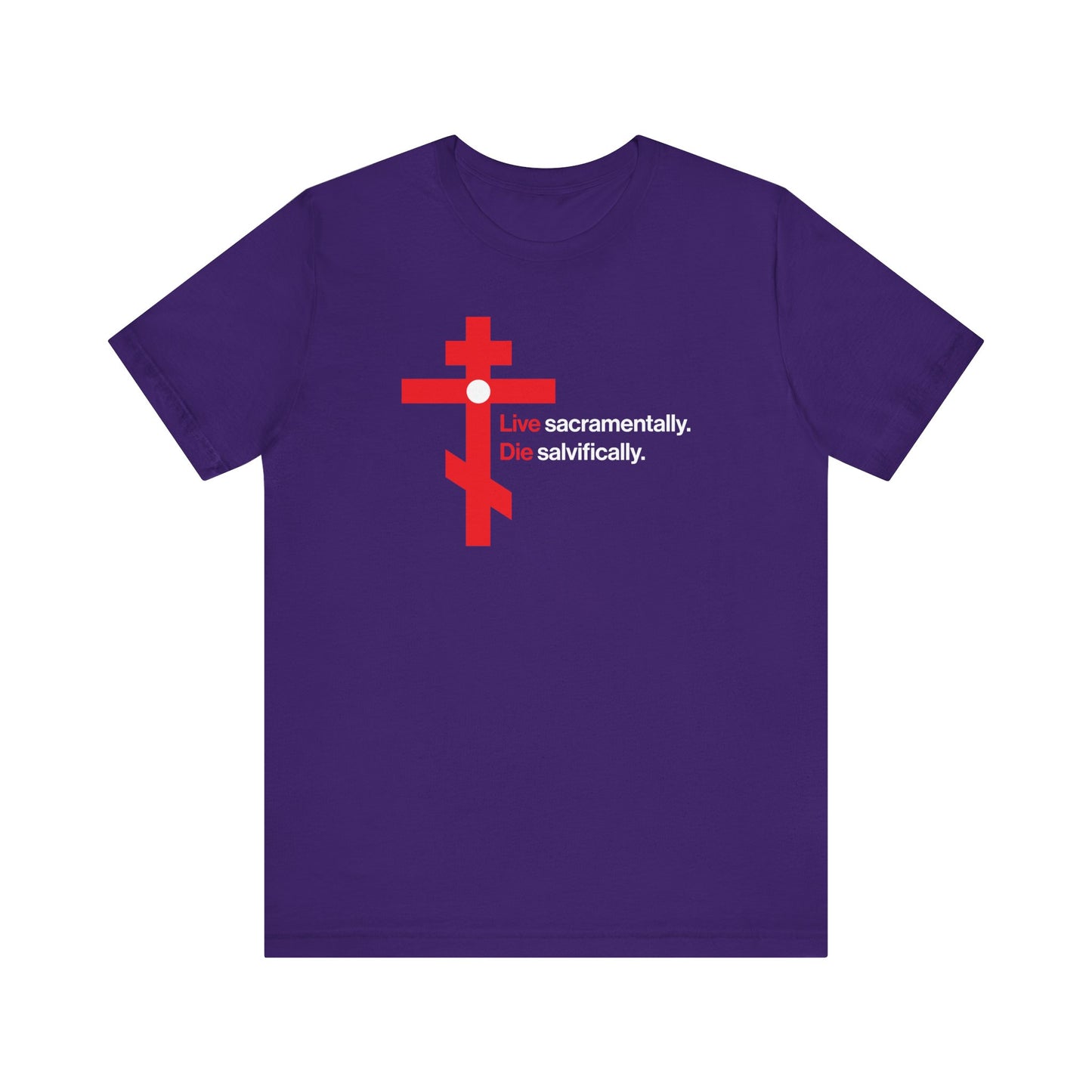 Live Sacramentally, Die Salvifically | Remember You Will Die | Memento Mori | Red Orthodox Cross White Circle | Lightweight Cotton Unisex Tee