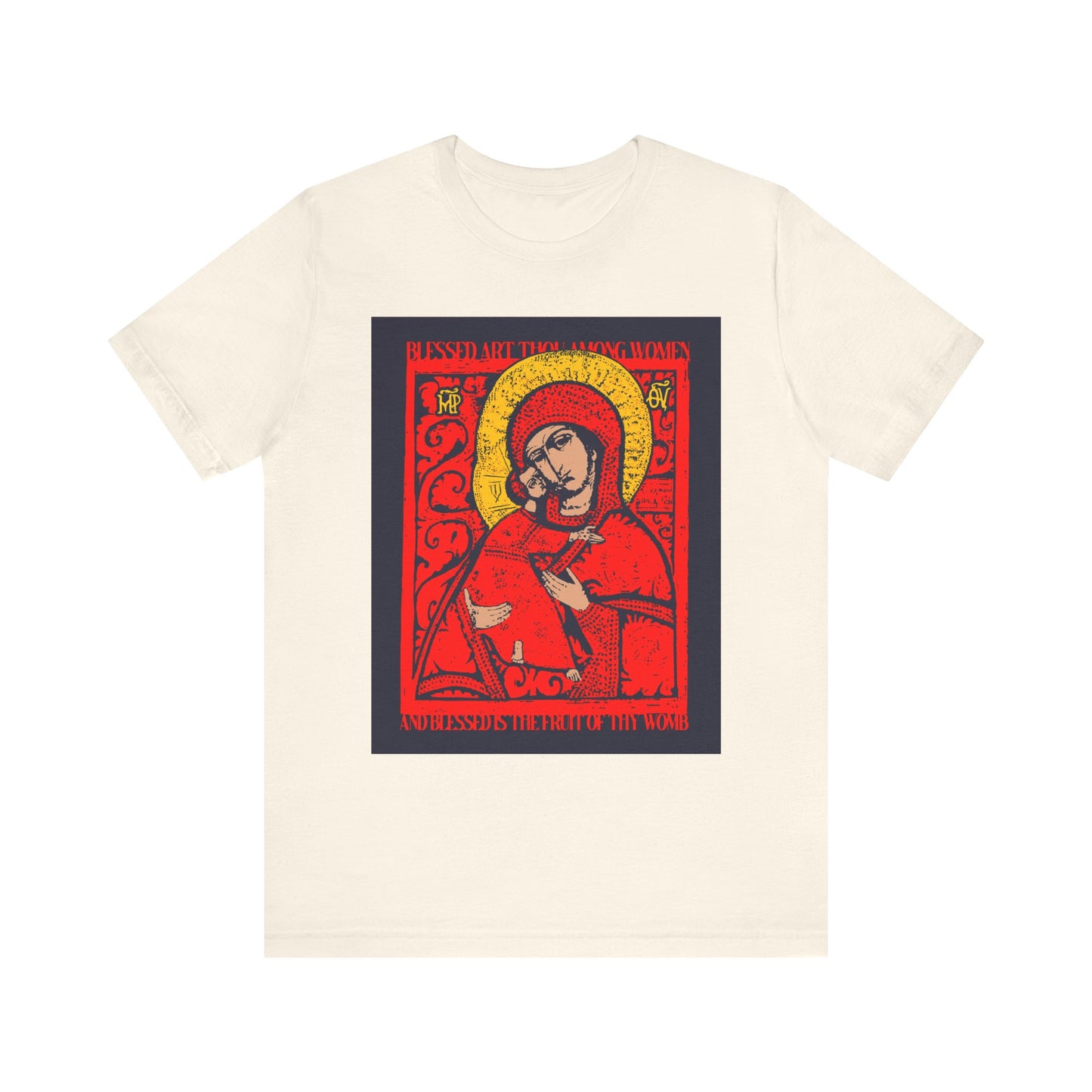 Natural-colored unisex lightweight cotton T-shirt featuring a red and gold icon-style religious artwork of the Theotokos inspired by the Vladimirskaya icon, printed on the front. Product name: Vladimir Theotokos IconoGraphic | Blessed Art Thou Among Women | Orthodox Christian Lightweight Cotton Unisex T-Shirt.