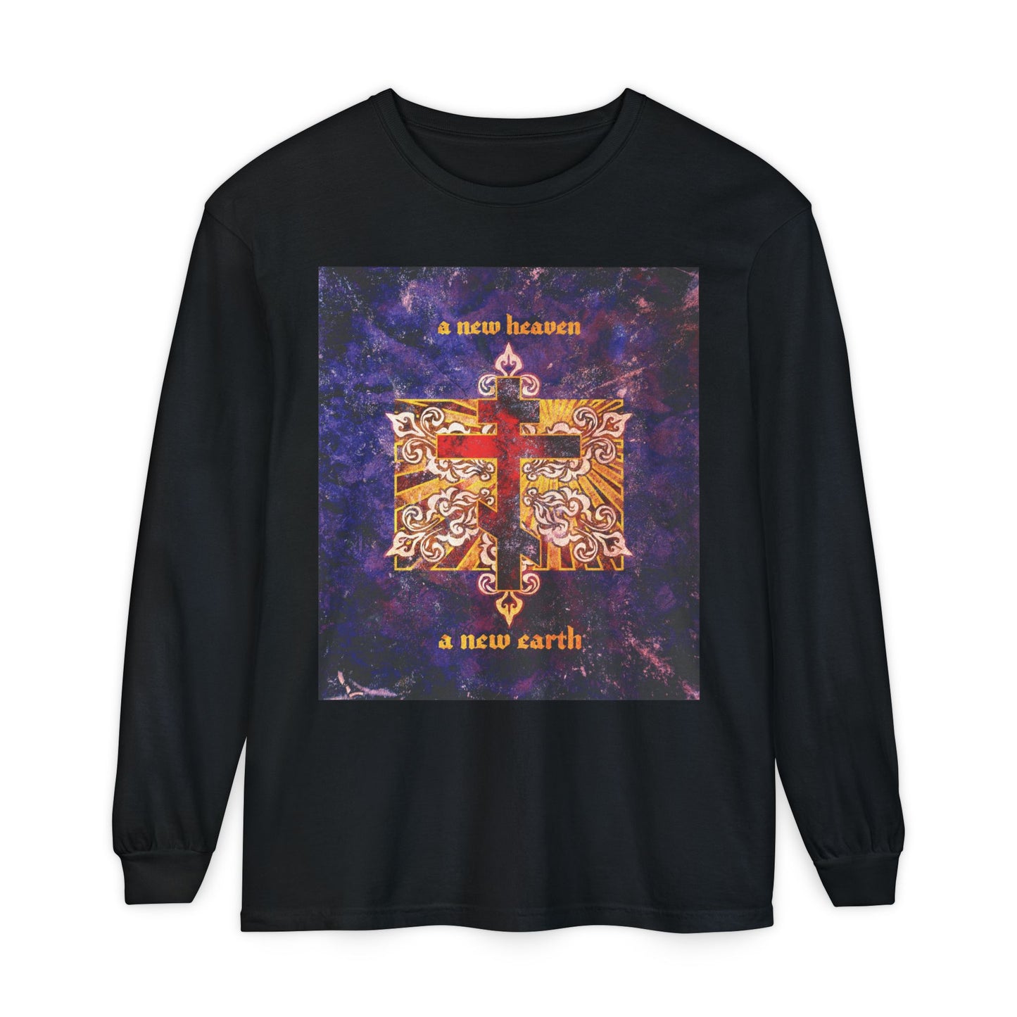 A New Heaven/A New Earth | Red Orthodox Cross on Textured Ornate Background | Red Blue & Gold Design | Orthodox Long Sleeve Cotton Shirt