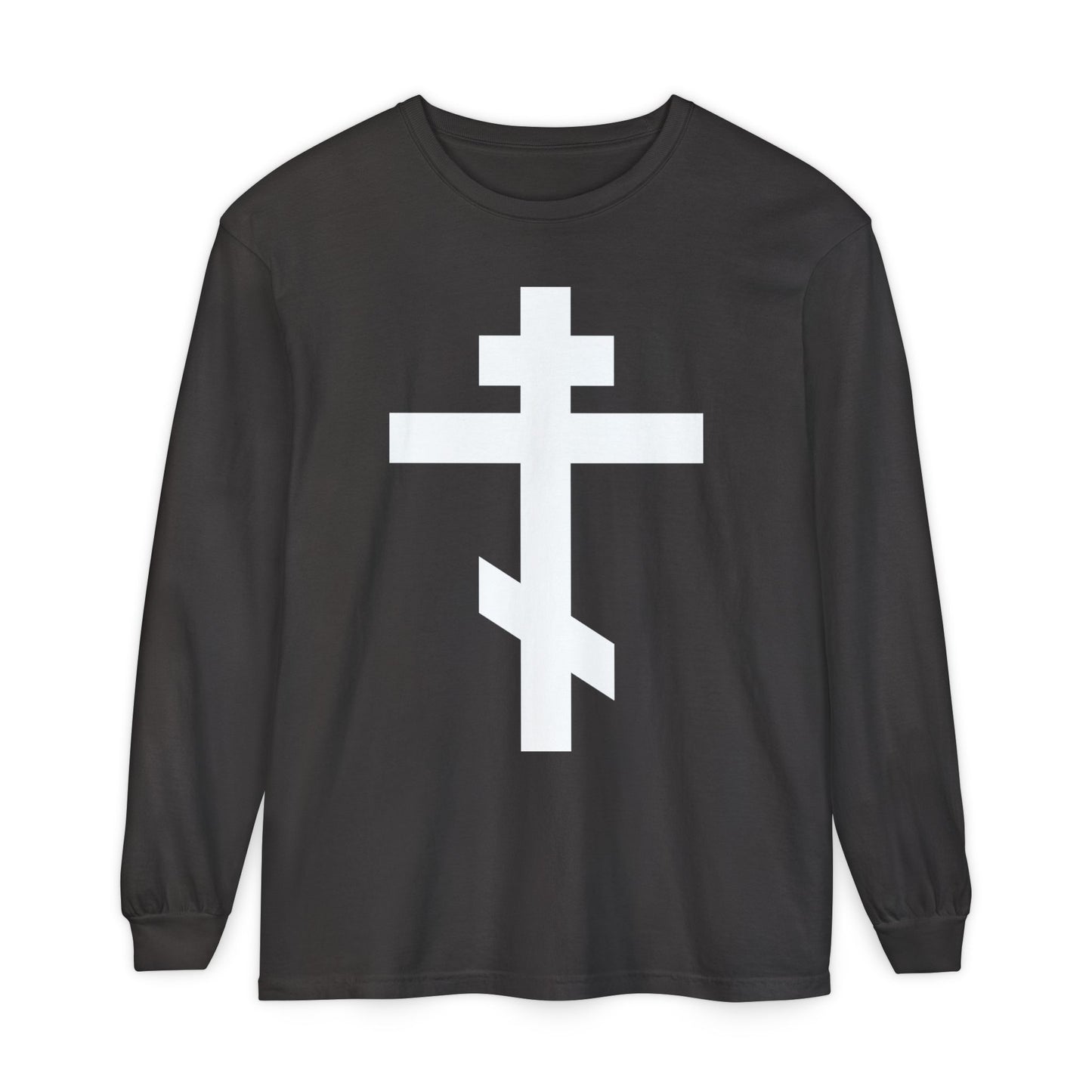 Black long-sleeve shirt featuring a large white Orthodox Cross and the message: “May I never boast, except in the cross of our Lord Jesus Christ” (Gal 6:14).