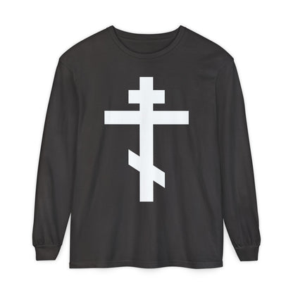 Black long-sleeve shirt featuring a large white Orthodox Cross and the message: “May I never boast, except in the cross of our Lord Jesus Christ” (Gal 6:14).