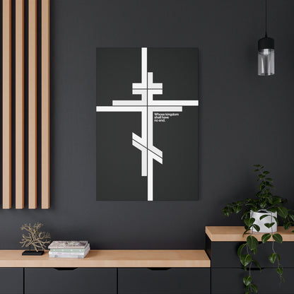 Whose Kingdom Shall Have No End | Luke 1:32-33"—a modernist minimalist Orthodox Cross canvas art, featuring the enduring promise of Christ's kingdom in a sleek Christian logo style for your space.