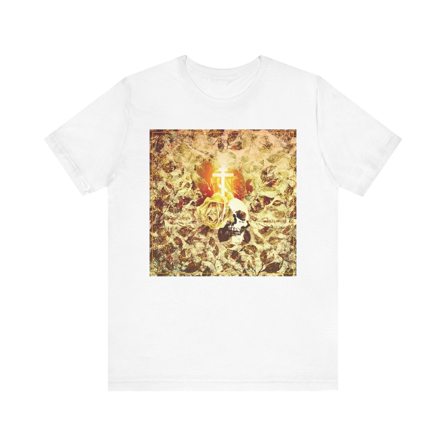 White "Rose & Skull Glowing Orthodox Cross" tee features a gothic Christian aesthetic with floral texture and imagery of a cross, rose, and skull, inspired by Ezekiel’s valley of dry bones prophecy. Lightweight cotton unisex design.