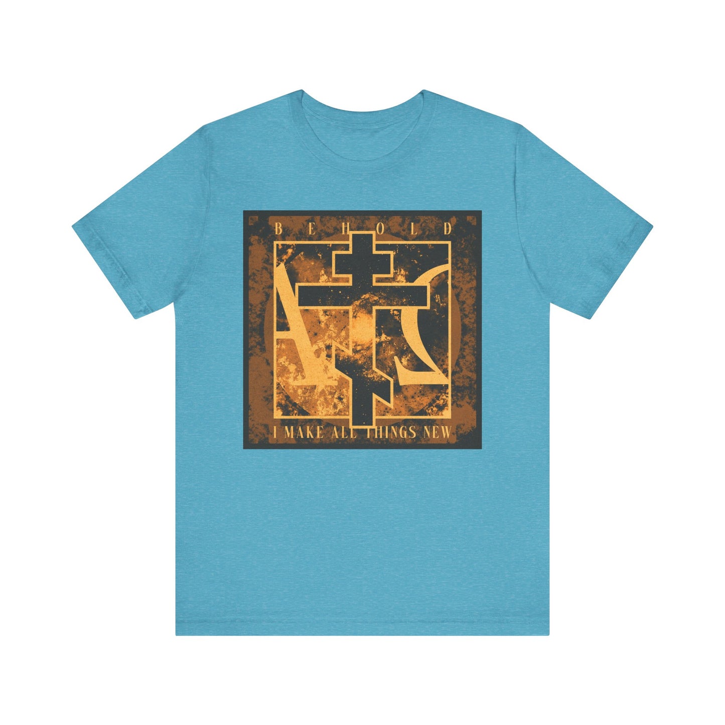 Heather aqua unisex tee featuring a brown & orange Orthodox cross with Alpha & Omega, bold “I MAKE ALL THINGS NEW” text (Rev 21:5), inspired by the promise of a new heaven and earth. Lightweight cotton.