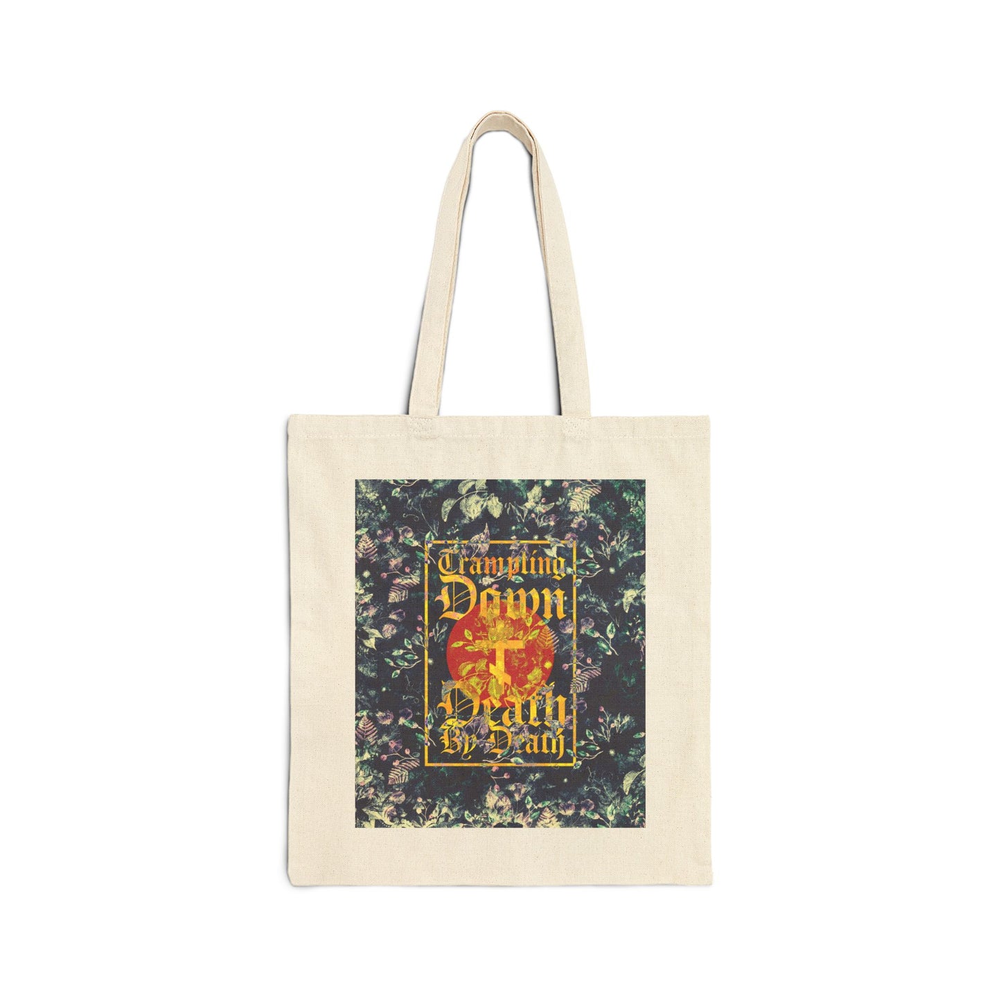 Trampling Down Death By Death | Paschal Floral Design with Gothic Script and Three-Bar Cross | Orthodox Christian Tote Bag