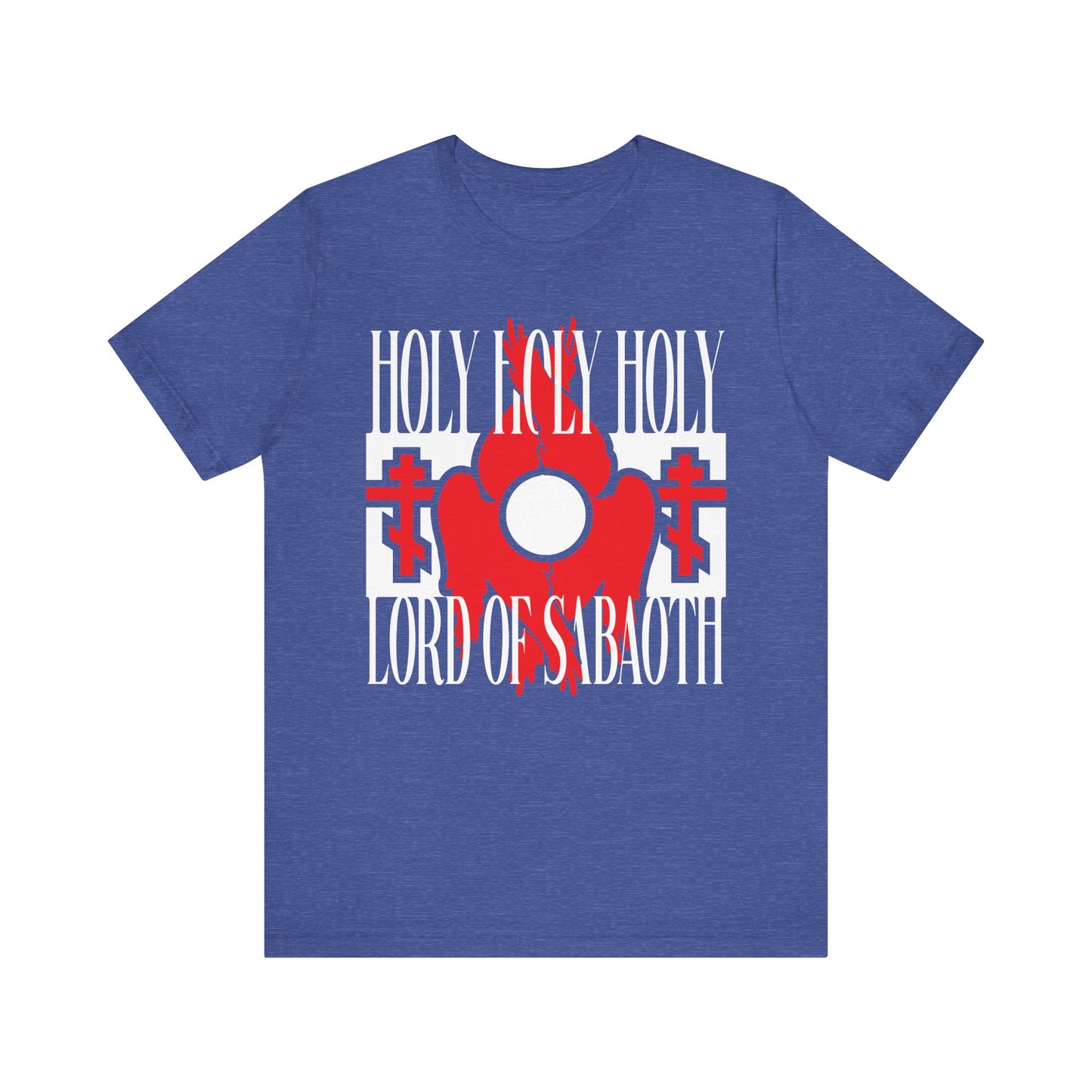 The "Holy Holy Holy Lord of Sabaoth (Isaiah 6:3)" unisex tee features red seraphim wings and Orthodox crosses on heather true royal cotton, inspired by the Divine Liturgy and celestial beings celebrating divine knowledge.