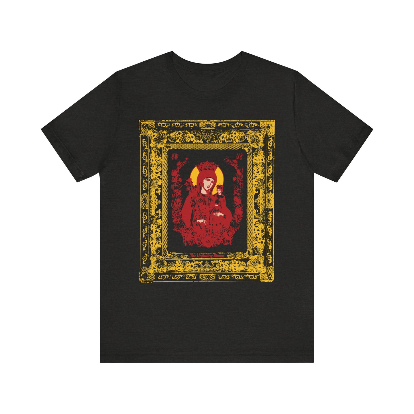 Introducing the Unfading Bloom Ornate Theotokos Iconographic Lightweight Cotton Unisex Tee in Black Heather—a T-shirt featuring a vivid red and gold depiction of Mary, the Mother of God, crowned and surrounded by intricate yellow borders, inspired by Orthodox Christian iconography that echoes both the reverence of an Akathist hymn and the delicate beauty of a fragrant bloom.