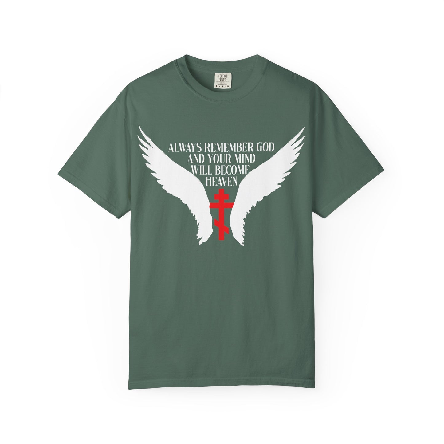Blue Spruce t-shirt featuring angel wings, a red Orthodox cross, and the phrase “Always Remember God and Your Mind Will Become Heaven,” inspired by the teachings of Fr Spyridon Bailey.
