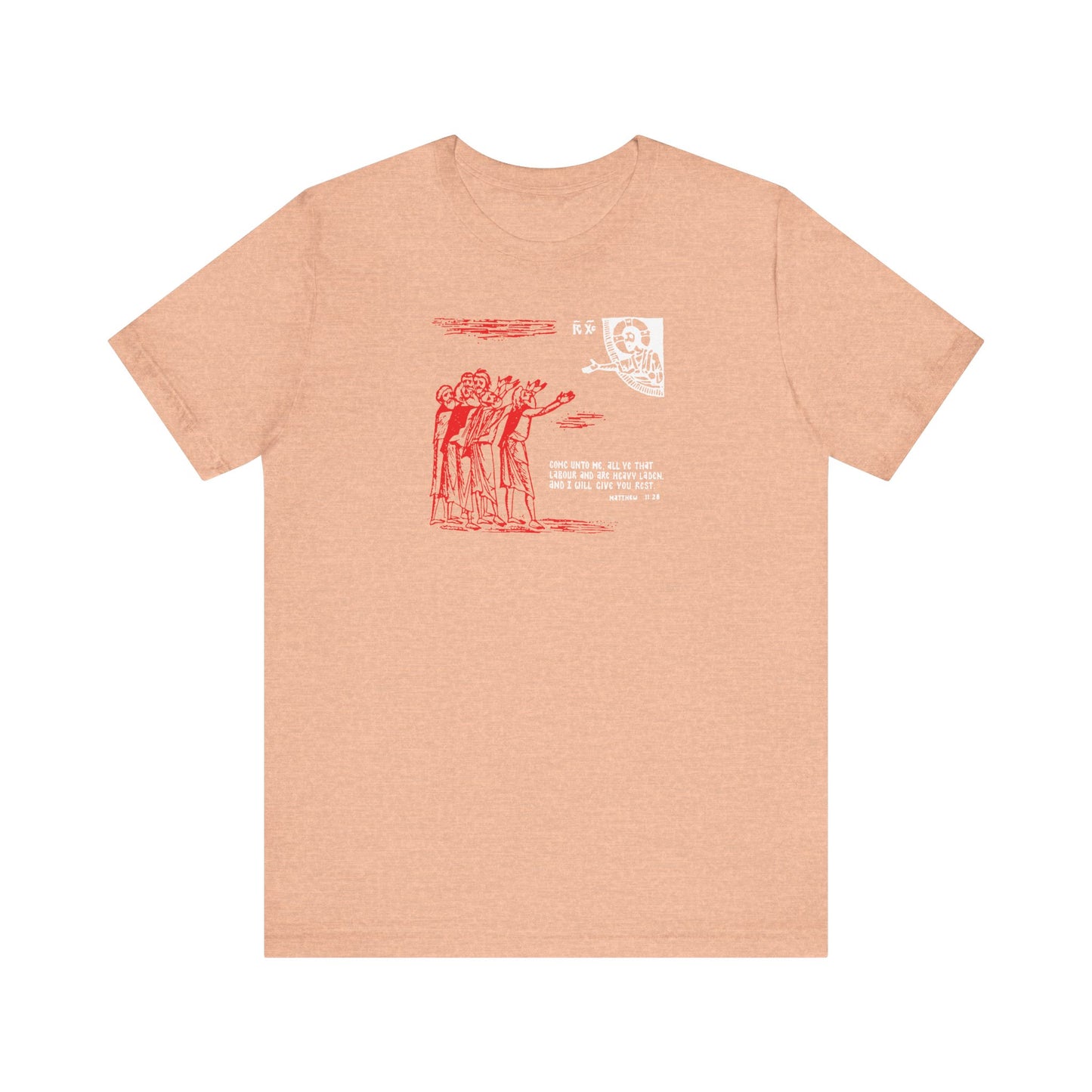 Heather Peach unisex tee with icono-graphic art and stylized text "Come Unto Me All Ye That Labour & Are Heavy Laden" (Matt. 11:28), inspired by Orthodox teachings. Lightweight cotton for comfort.