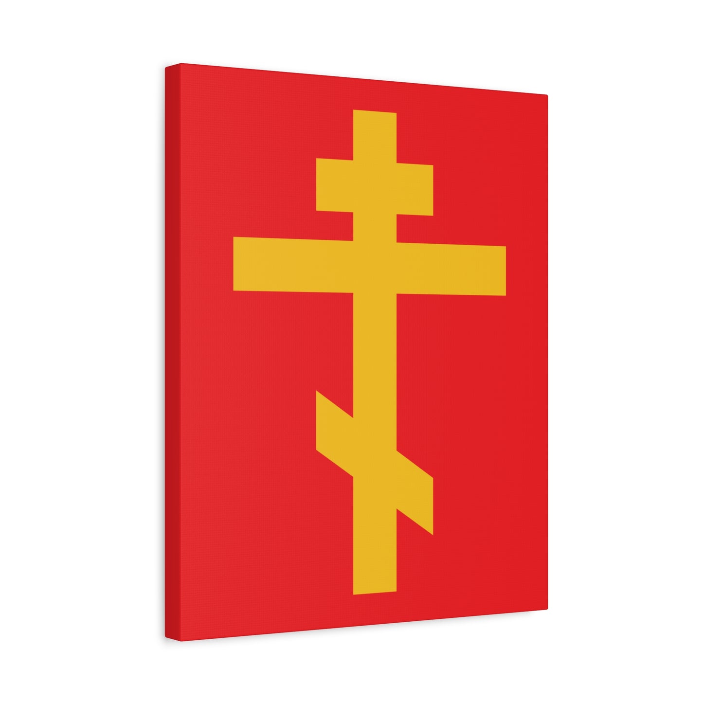 The "Yellow Orthodox Cross Red Background | Precious and Life-Giving Weapon of Unseen Warfare | Scourge of Demons | Orthodox Canvas Art" shows a yellow cross on red canvas, symbolizing being Crucified with Christ, inspired by Galatians 2:20.