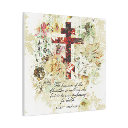 Preparing For Death | White & Beige Floral Scrapbook Texture Cross | Arts & Crafts Style | St Irenaeus | Orthodox Christian Canvas Art