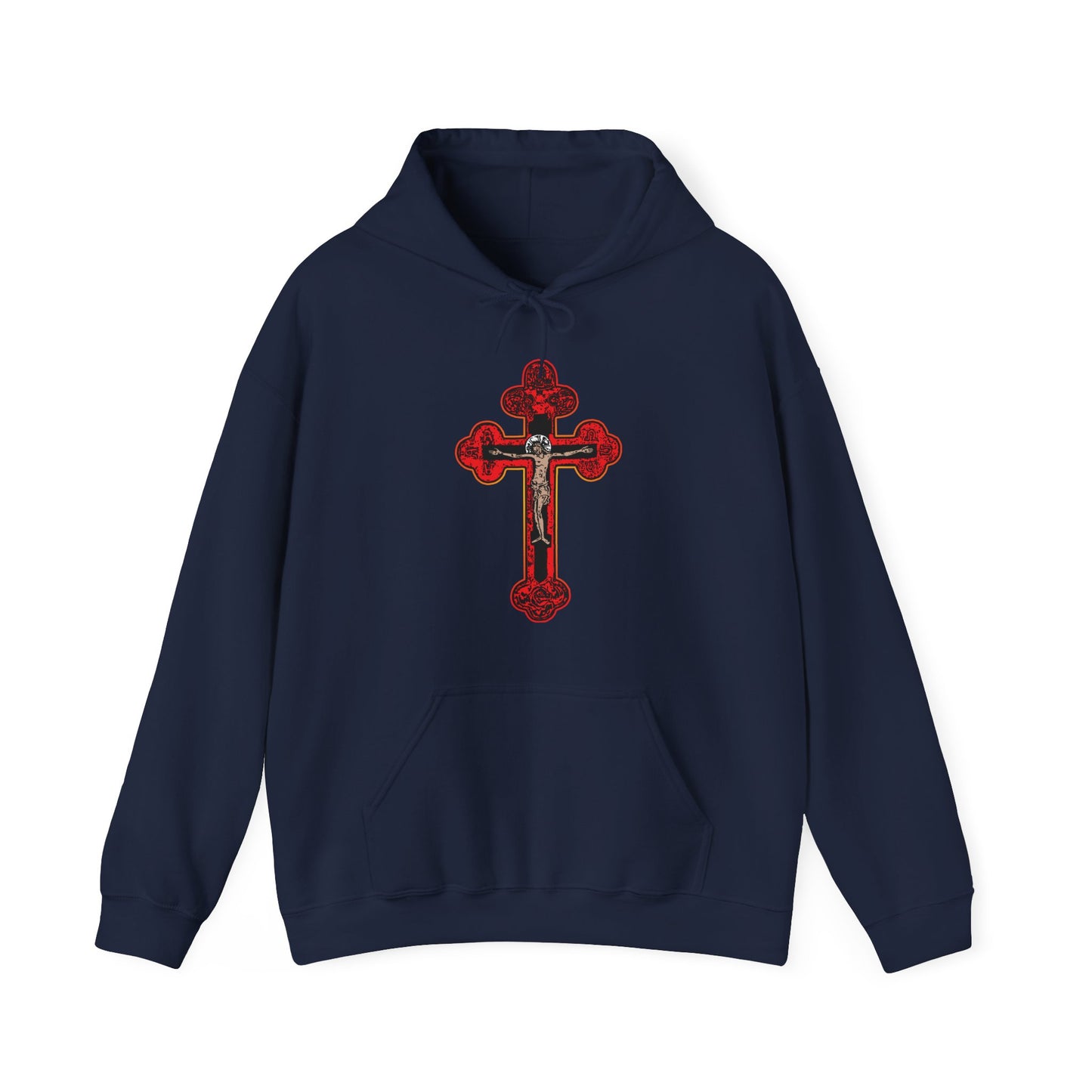 Navy Red Orthodox Christian Crucifix hoodie featuring a large ornate red and gold Byzantine Golgotha Cross inspired by Isaiah 53:3-5, with Alpha & Omega and "I Am Crucified With Christ" details.