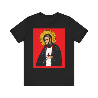 Black unisex tee featuring an icon of St. Seraphim of Sarov with a red cross and halo, inspired by the "True Aim of Christian Life is Acquisition of the Holy Spirit." Lightweight Orthodox 2-sided cotton shirt.