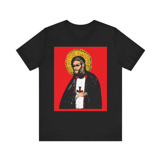Black unisex tee featuring an icon of St. Seraphim of Sarov with a red cross and halo, inspired by the "True Aim of Christian Life is Acquisition of the Holy Spirit." Lightweight Orthodox 2-sided cotton shirt.