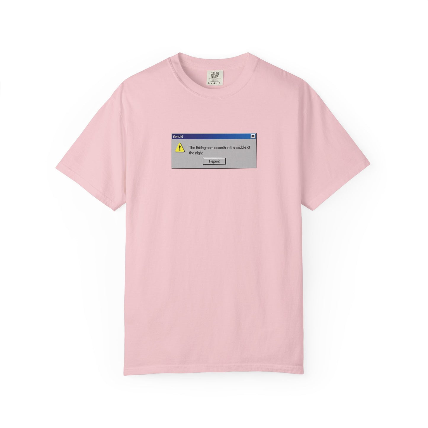 Blossom-colored heavyweight cotton unisex T-shirt featuring the “Behold the Bridegroom” Windows error message design printed in the center, offering a subtle Orthodox Christian call to repentance for a unique and thought-provoking statement.