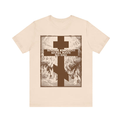 Soft cream Orthodox t-shirt featuring Gustave Dore’s Apocalypse etching, a double-barred cross, and "WHOSE KINGDOM SHALL HAVE NO END" from the Nicene Creed—an inspiring way to express your Christian faith.