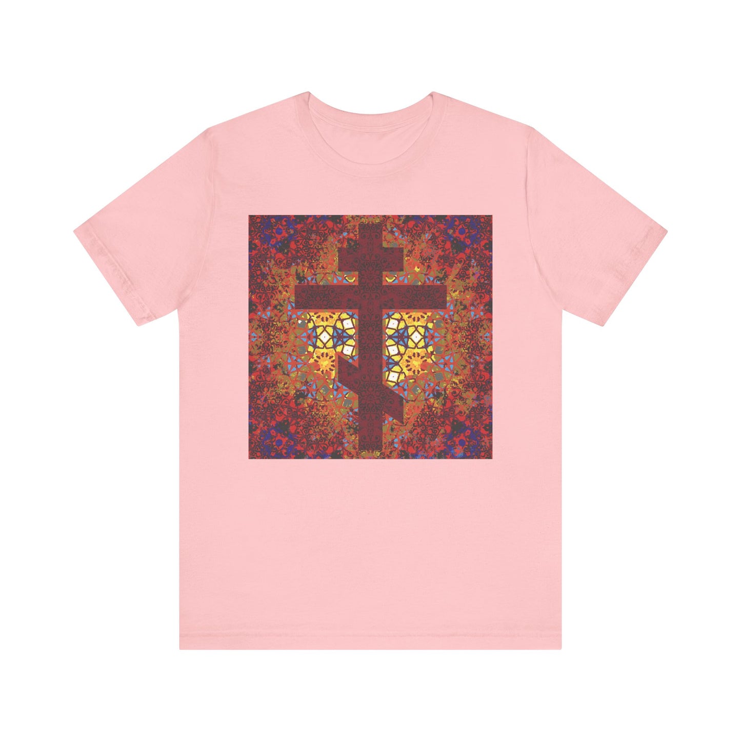 Pink t-shirt featuring a Geometrical Pattern Stained Glass Orthodox Cross design, inspired by Christian tradition and showcased on vibrant red, purple, and yellow stained glass, from our Lightweight Cotton Unisex collection.