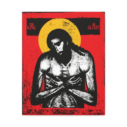 Icon-style image of Jesus Christ with arms crossed, yellow halo, and red background featuring "The King of Glory Extreme Humility"—a devotional Christian wall art inspired by Isaiah 53.
