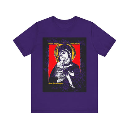 Team Purple "Beyond Compare More Glorious Than the Seraphim" Orthodox Christian t-shirt, featuring a Vladimir Theotokos icon of Mary and Jesus with golden halos, decorative text, and a nod to salvation.