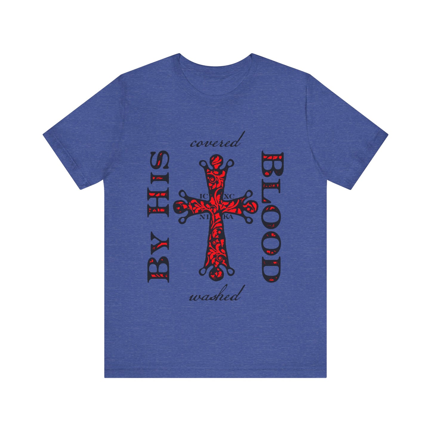 Washed/Covered By His Blood (1 John 1:7) | ICXC NIKA Ornate Red Orthodox Cross | Orthodox Christian Cotton T-Shirt