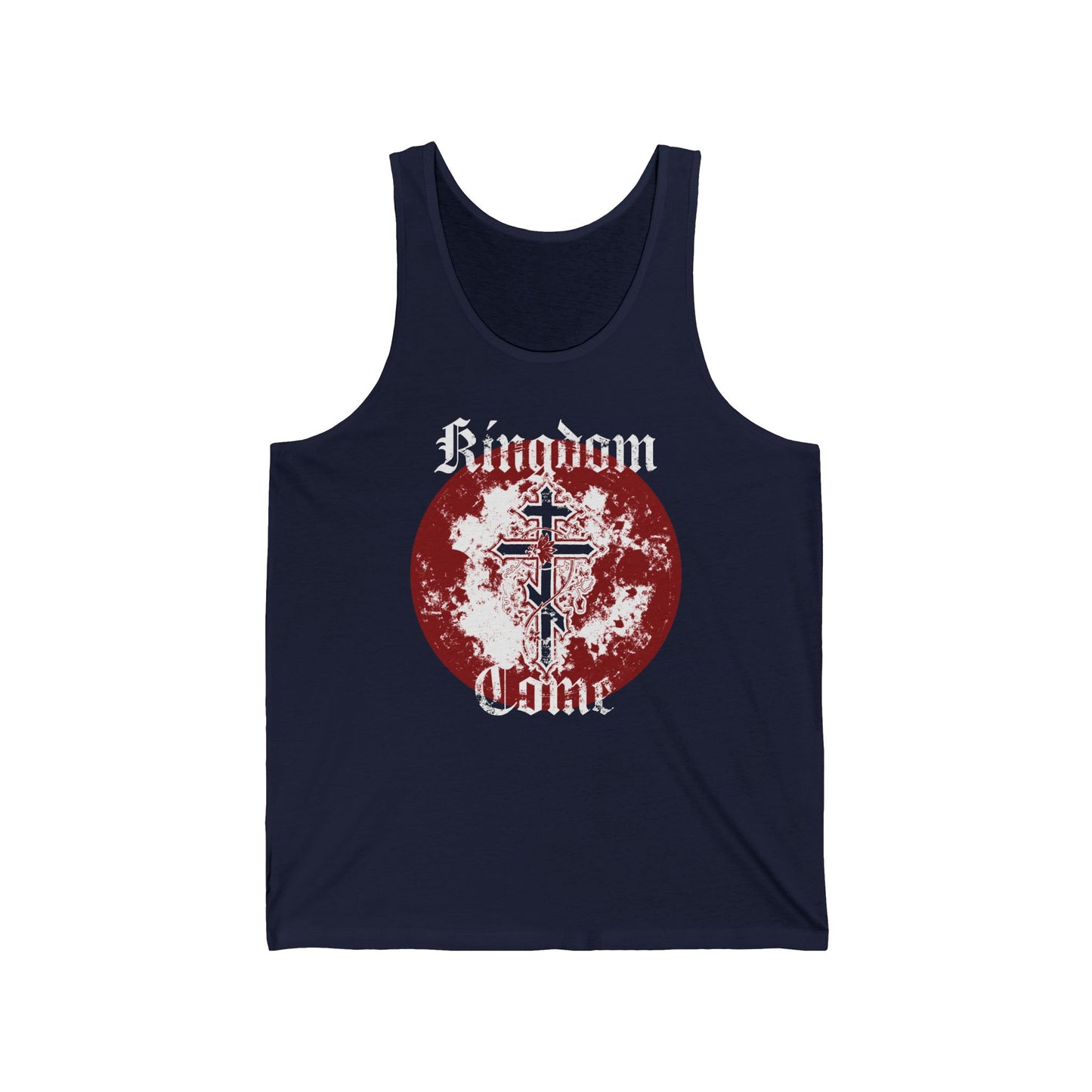 Kingdom Come | Lord's Prayer | Orthodox Cross with Vine | Textured Gothic Font | Orthodox Christian Cotton Tank Top