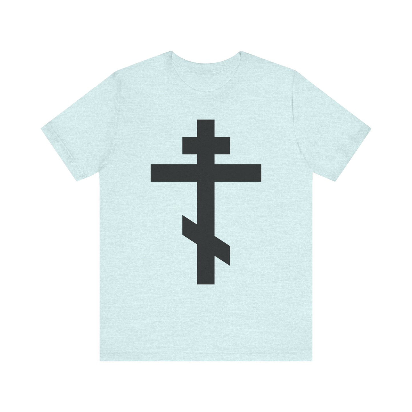 Heather Prism Ice Blue cotton tee featuring a large black Orthodox cross and the message “He bore our sins on the cross so that we might die to sin & live to righteousness.” Unisex, lightweight comfort.