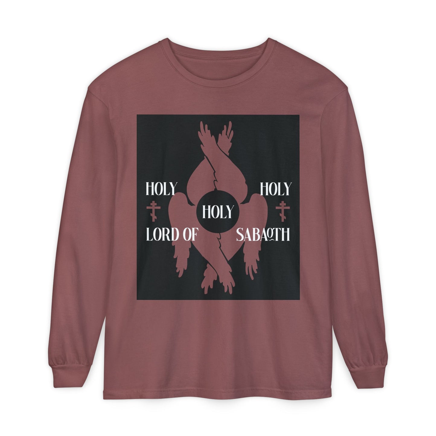 Brick long-sleeve cotton shirt with red seraphim wings, Orthodox crosses, and text "Holy Holy Holy Lord of Sabaoth" inspired by Isaiah 6:3. Orthodox Christian Divine Council design.