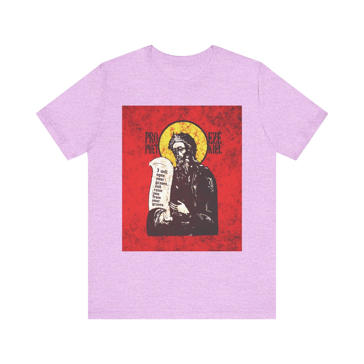 Heather Prism Lilac unisex tee featuring a high-contrast, icon-style image of the Old Testament Prophet Ezekiel holding a scroll on a vivid red and yellow background—symbolizing the breath of life and the presence of the Spirit of the Lord.