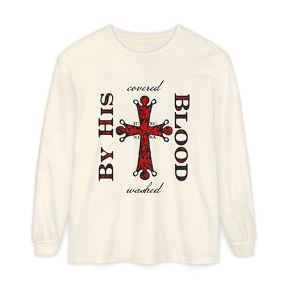 Washed/Covered By His Blood (1 John 1:7) | ICXC NIKA Ornate Red Orthodox Cross | Orthodox Christian Long Sleeve Shirt