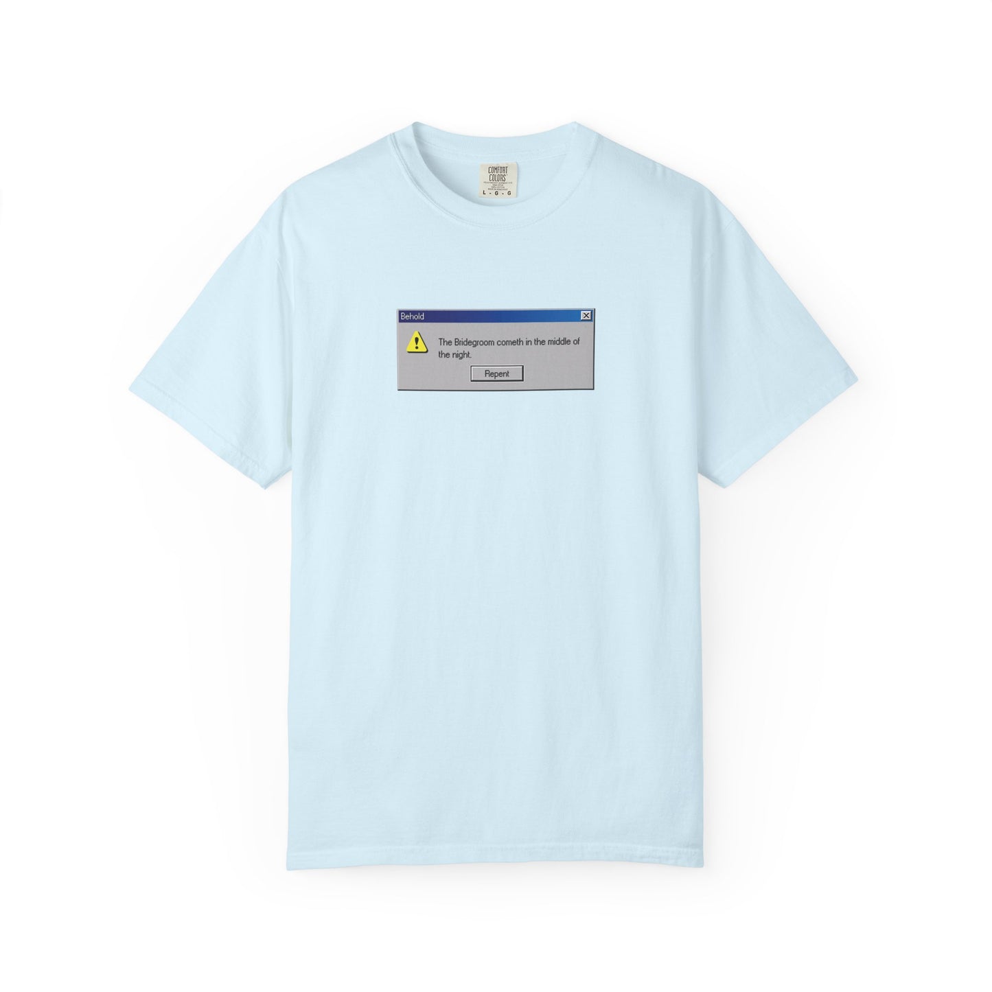 Chambray unisex heavyweight cotton t-shirt featuring a “Behold the Bridegroom” Windows error message graphic and “Repent Now” text on the chest—a playful Orthodox Christian nod to confession in the digital age.