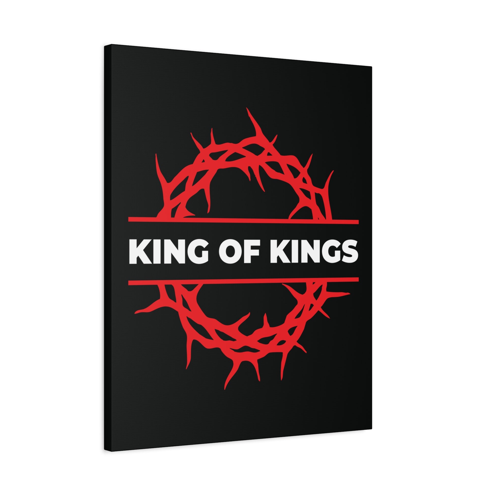 Bold Christian canvas art featuring a red crown of thorns on black, KING OF KINGS in white, inspired by Revelation 19:16—King of Kings Crown of Thorns | The King of Glory | Christ is King.
