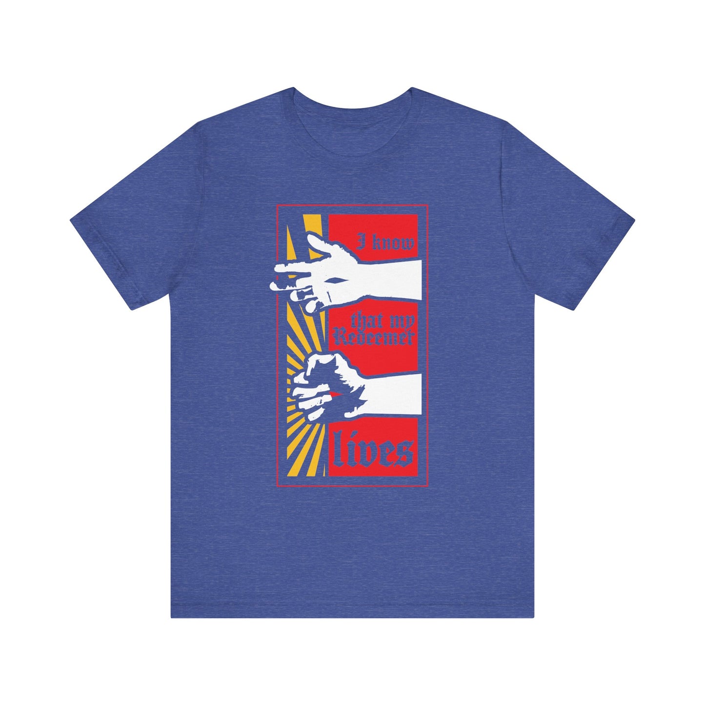 Heather True Royal unisex cotton t-shirt featuring a Christ resurrected comic book style design and "I Know That My Redeemer Lives" (Job 19:25) text—a bold statement of faith.