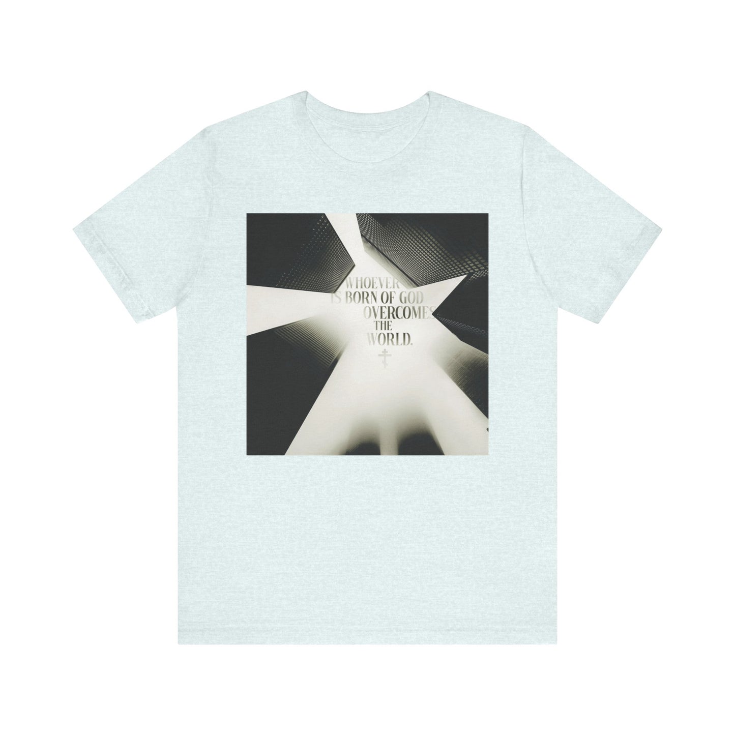 Heather Ice Blue unisex lightweight cotton t-shirt featuring modern cityscape-inspired black and white abstract art and the text: “Whoever is born of God overcomes the world,” drawing inspiration from 1 John 5:1-4 and expressing the Orthodox Christian truth that Jesus is the Christ. Product name: Whoever is Born of God Overcomes the World (St John the Theologian) | Modern Cityscape.