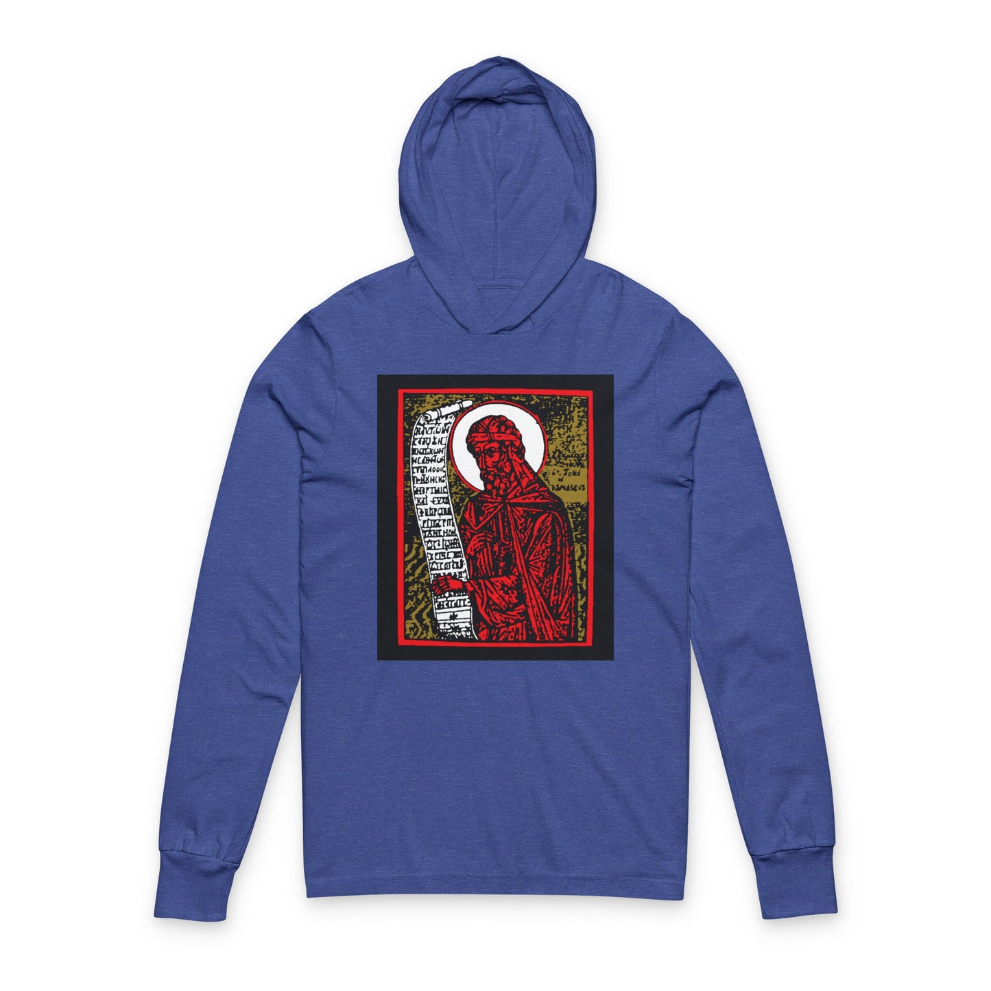 Heather True Royal long sleeve hooded cotton shirt featuring a high-contrast red, gold, and black iconographic design inspired by St. John of Damascus and Orthodox Christian funeral hymns.