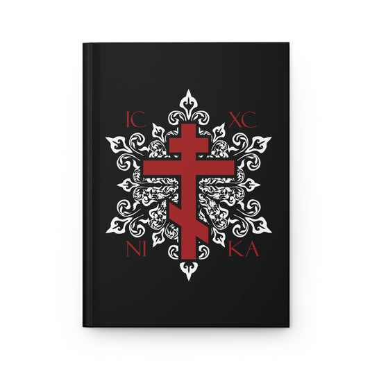 ICXC / NIKA Red Orthodox Cross on Ornate White Medieval Floral Design | Exclusive Best-Selling | Orthodox Christian Hardcover Journal