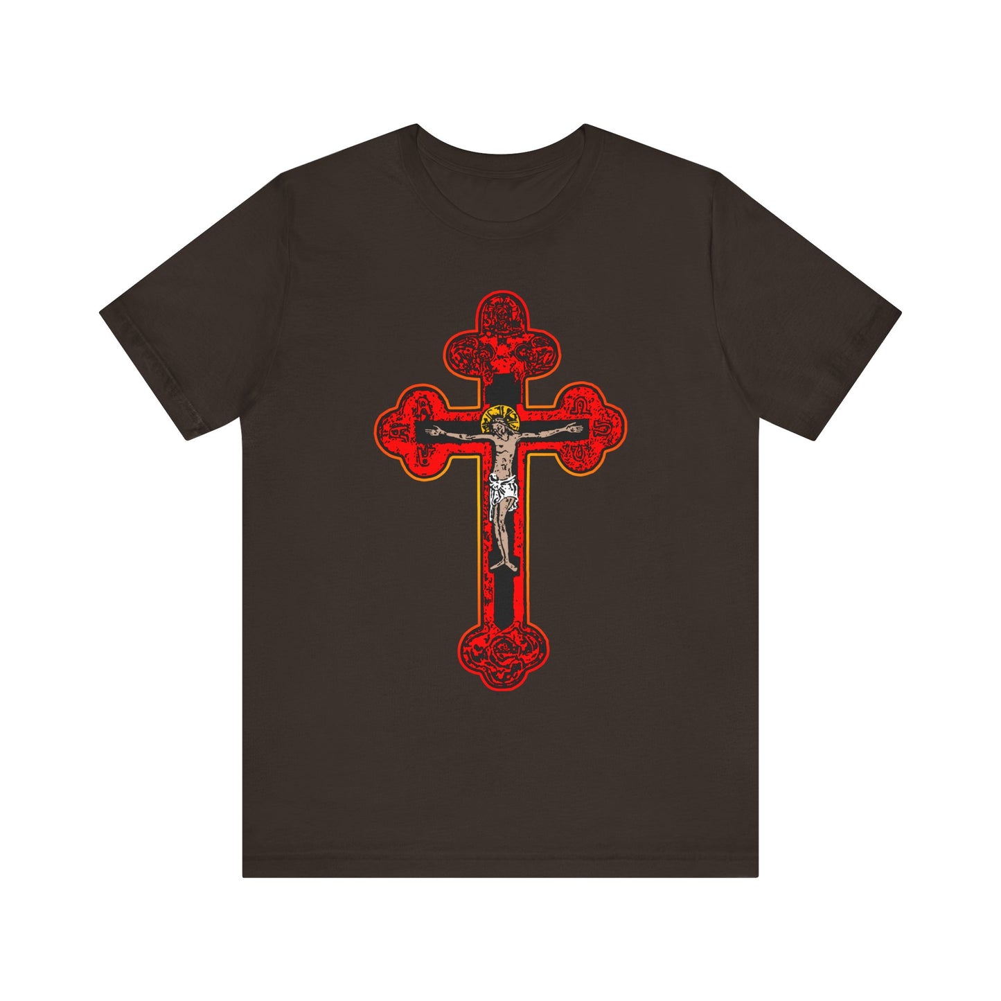 Brown T-shirt featuring an ornate red Byzantine Golgotha Cross with a detailed Orthodox Christian crucifix design and Alpha & Omega symbols, inspired by the message of being crucified with Christ from Isaiah 53:3-5—a powerful expression of living by faith in the Son of God.