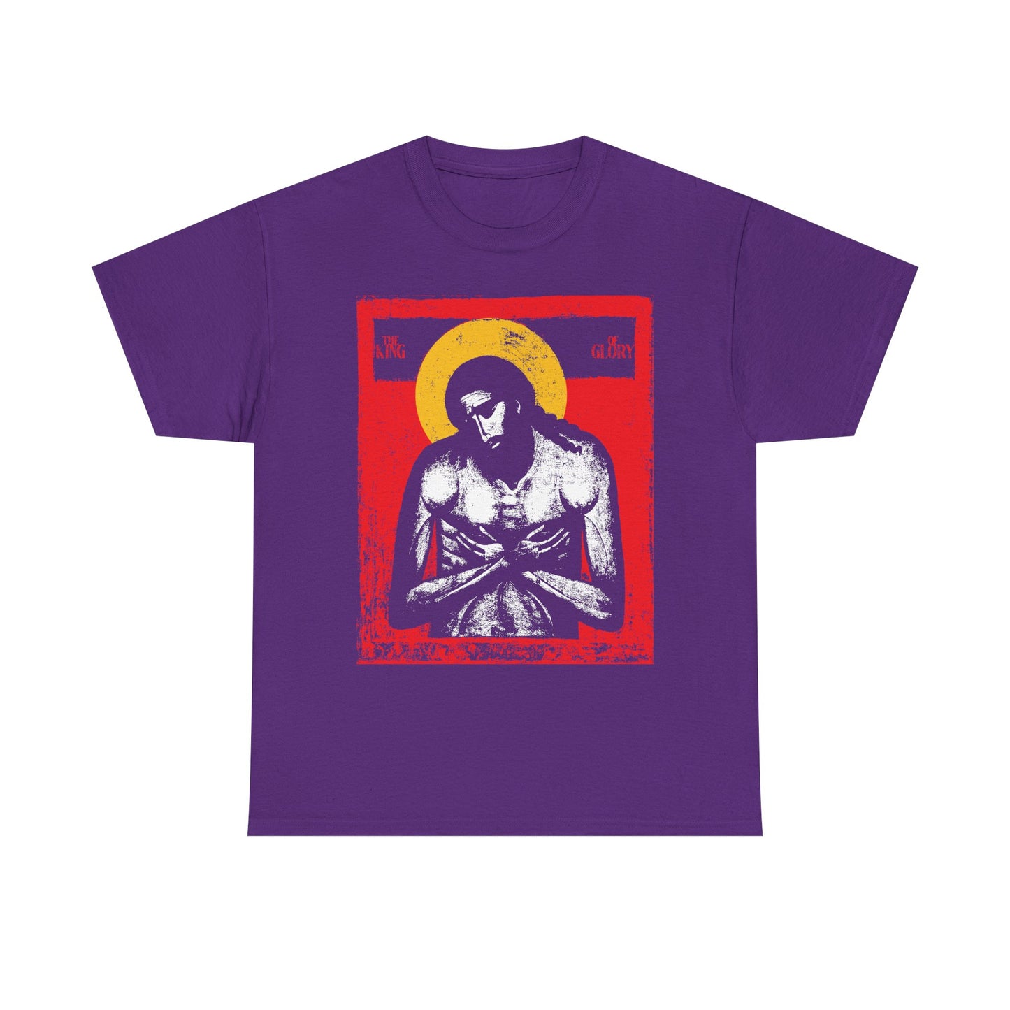 Purple "The King of Glory Jesus Christ 'Extreme Humility' IconoGraphic" heavy cotton t-shirt with red, yellow, white, and black religious design inspired by Isaiah 53; perfect for Christian devotional wear.