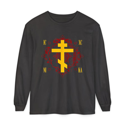 Graphite long-sleeve shirt featuring a yellow ICXC NIKA Russian cross on an ornate red background, with Cyrillic letters and “Jesus Christ Conquers” design, inspired by Orthodox Christian tradition.