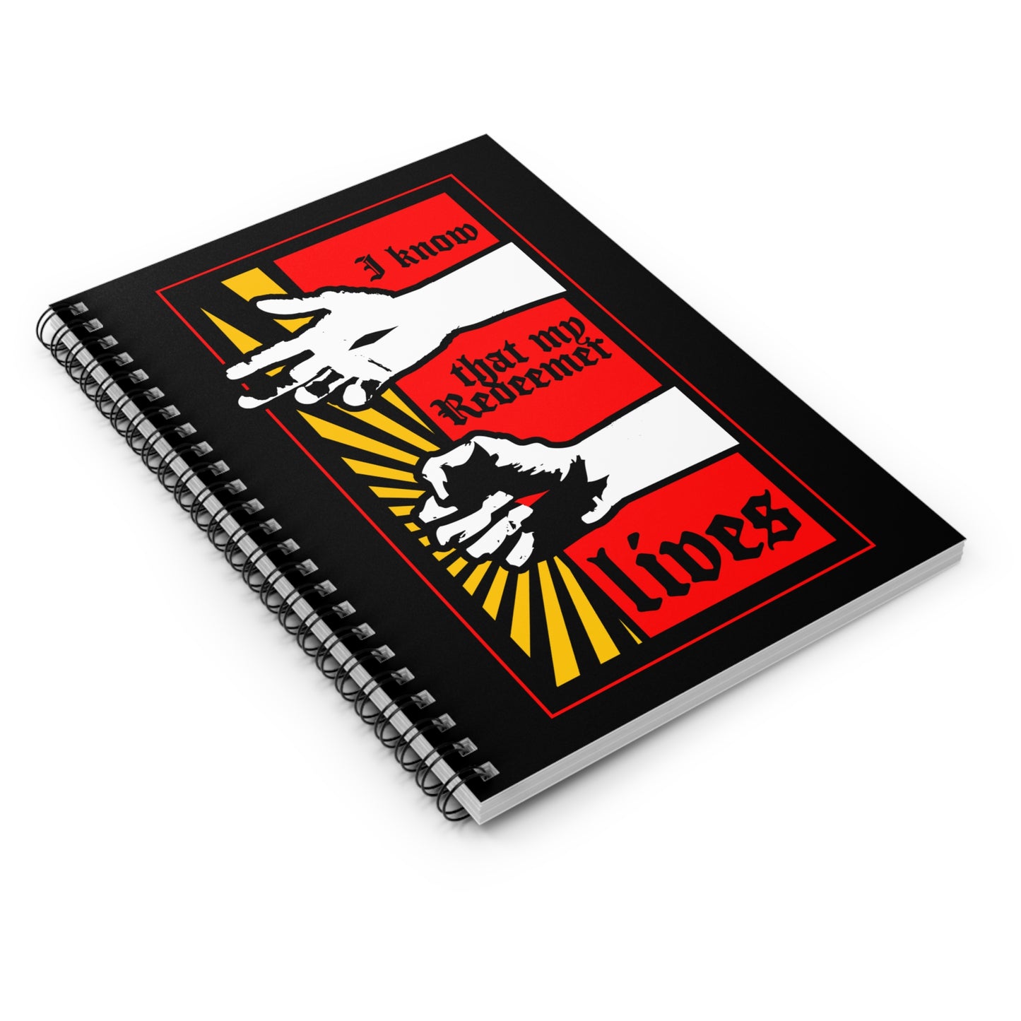 Christian spiral notebook featuring a comic book style design: the resurrected Jesus' fist radiating divine power, with red and yellow text, "I Know That My Redeemer Lives" (Job 19:25).